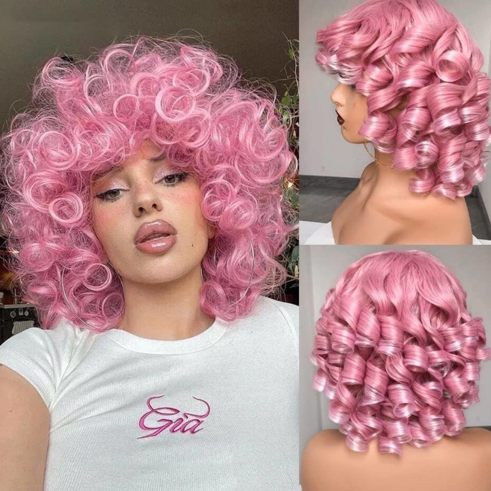 Pink SHORT FULL CAP CURLY WIG